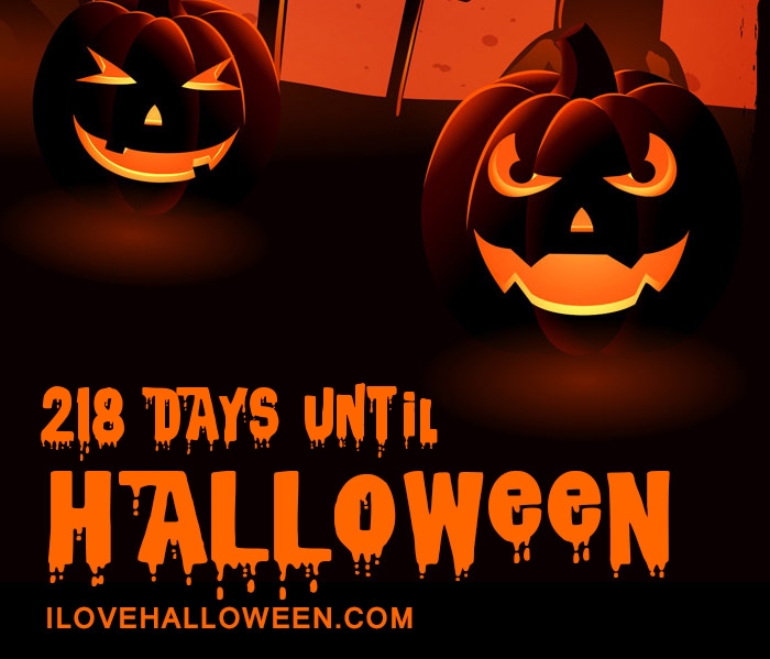 a pair of lit jack-o-lanterns with text under them in a spooky orange colored font telling how many days left until halloween